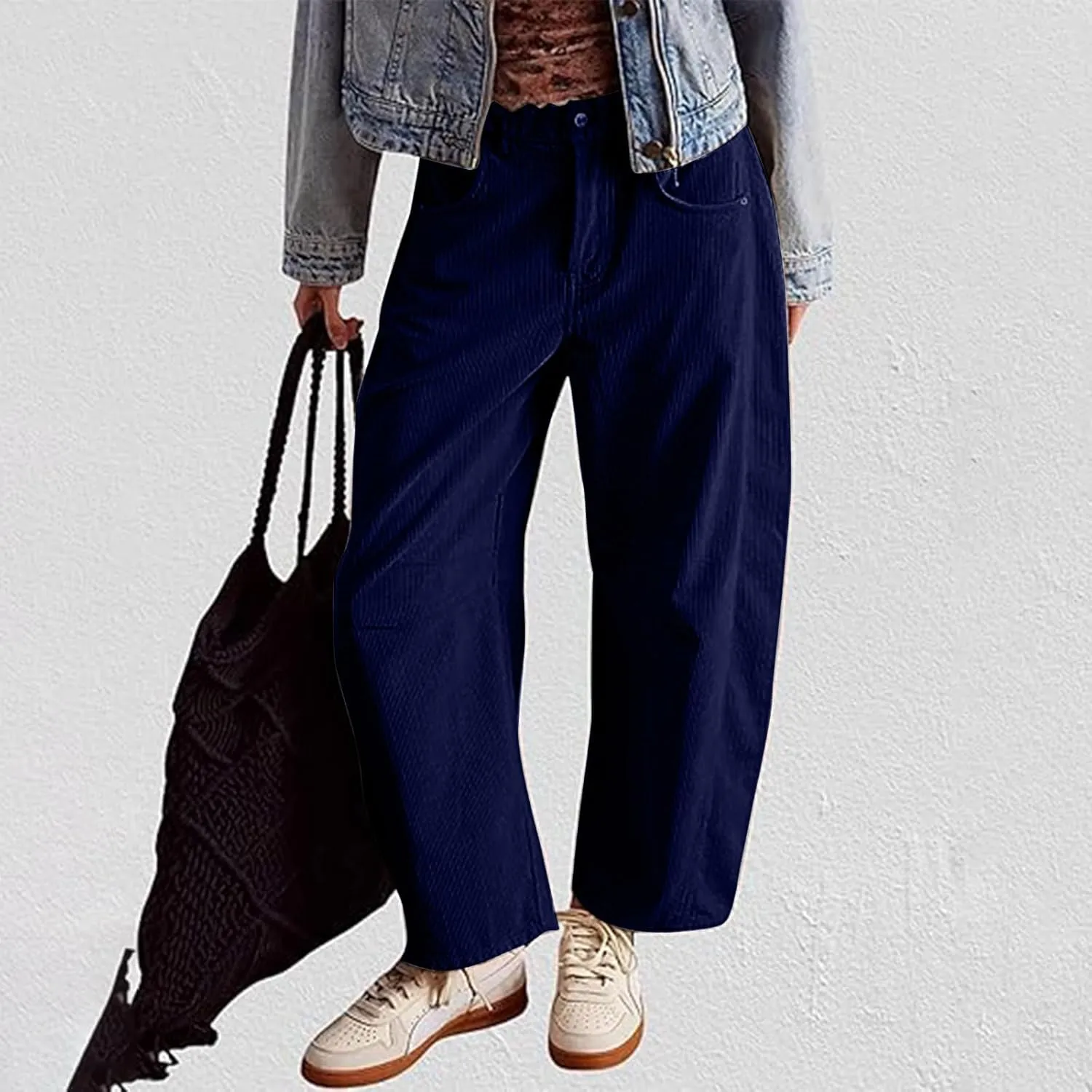 Corduroy Pants Women High Waisted Wide Leg Pants Button Elastic Waist Barrel Pants Loose Lounge Pants with Pockets