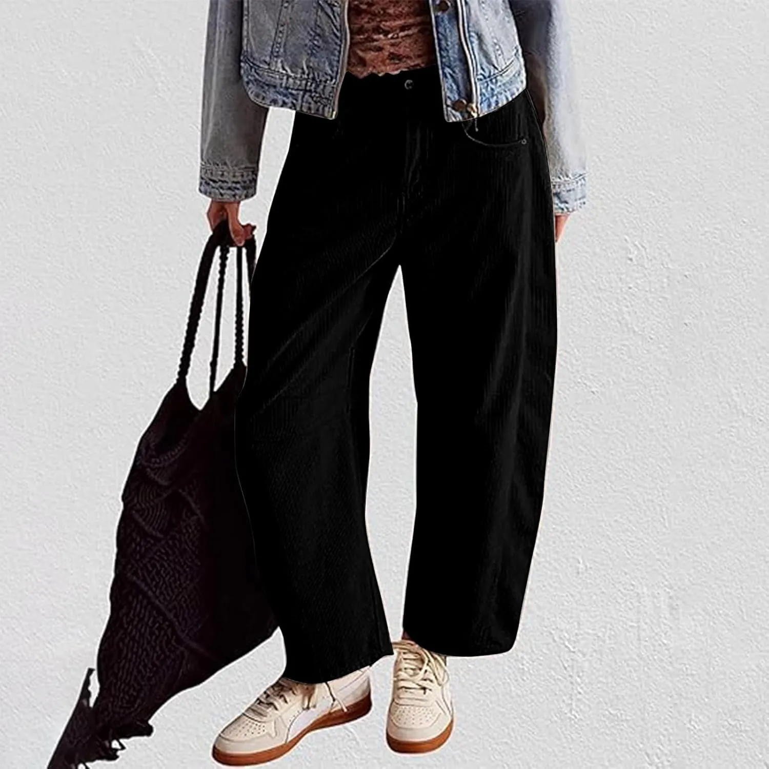Corduroy Pants Women High Waisted Wide Leg Pants Button Elastic Waist Barrel Pants Loose Lounge Pants with Pockets