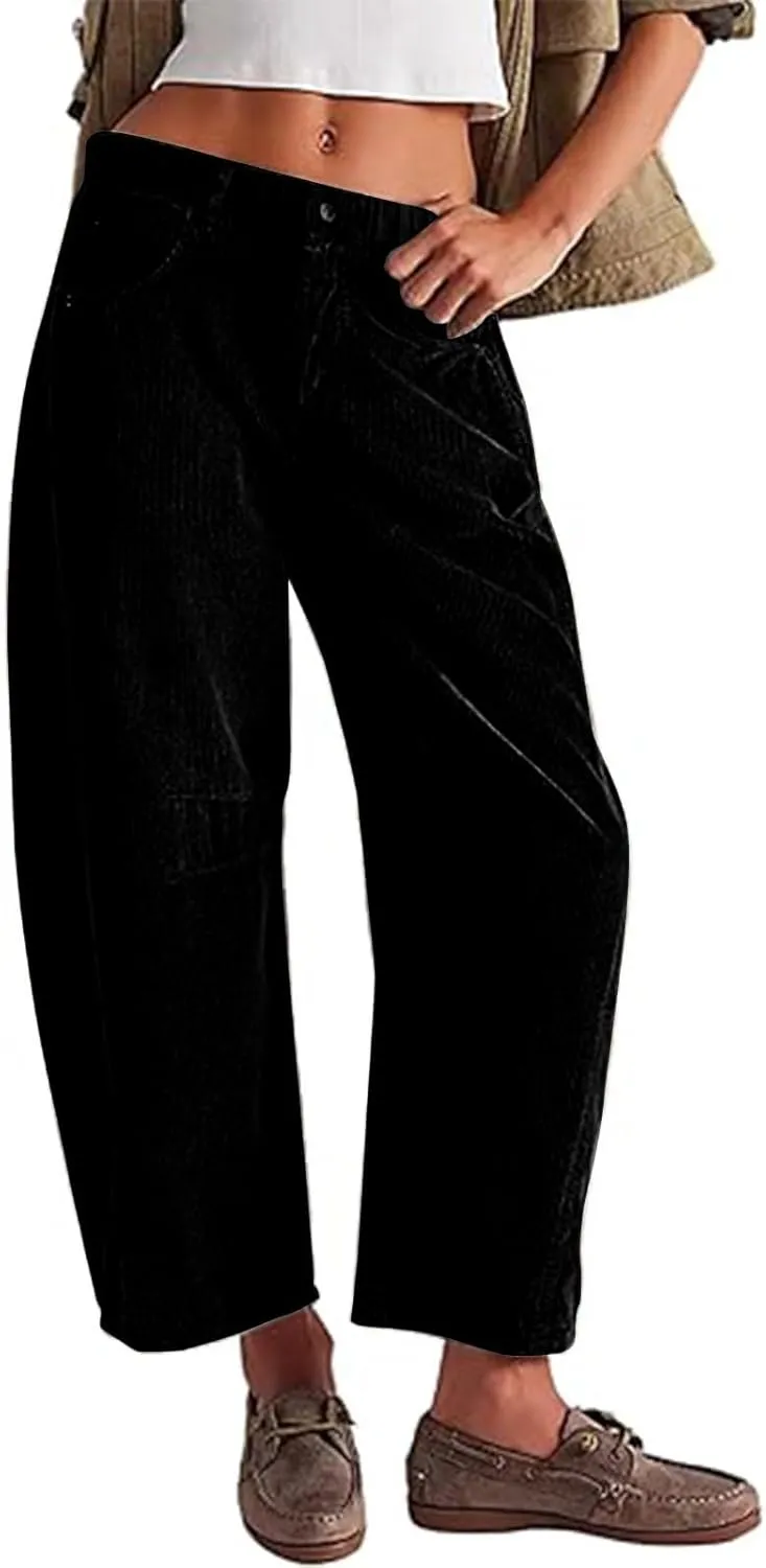 Corduroy Pants Women High Waisted Wide Leg Pants Button Elastic Waist Barrel Pants Loose Lounge Pants with Pockets