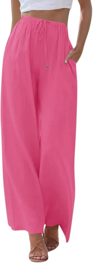 Cotton Linen Pants for Women Drawstring Flowy Wide Leg Pants Summer Casual Palazzo Pants Trendy Linen Pants