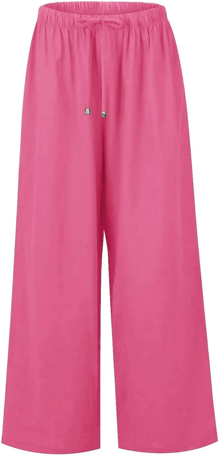 Cotton Linen Pants for Women Drawstring Flowy Wide Leg Pants Summer Casual Palazzo Pants Trendy Linen Pants
