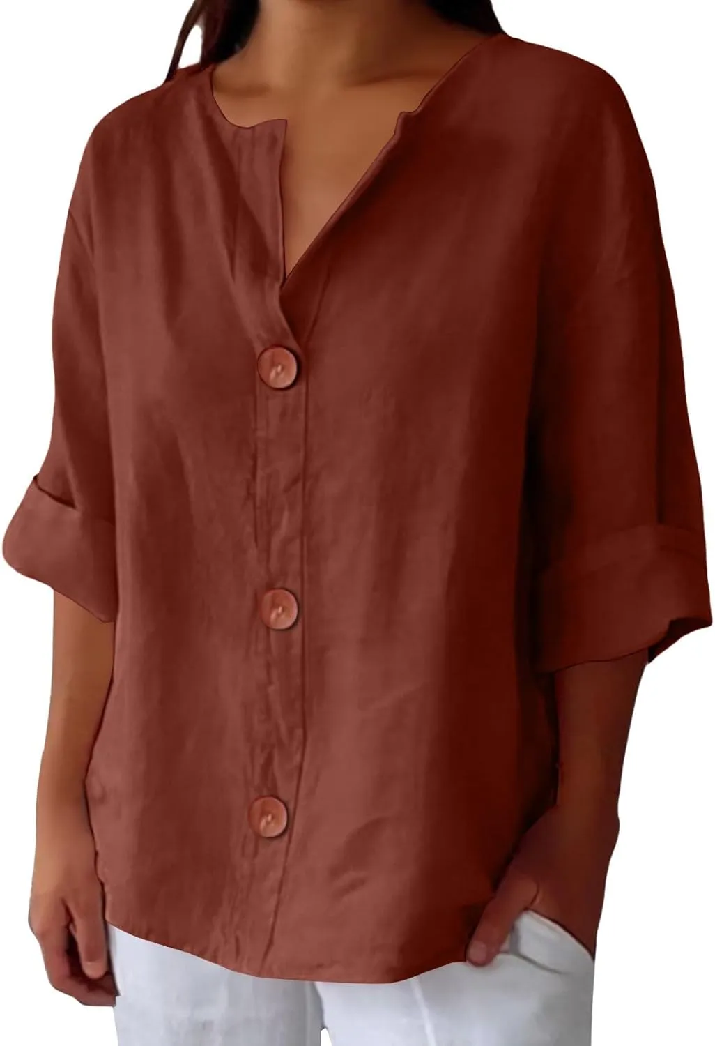 Cotton Linen Shirts for Women 3/4 Roll Up Sleeve Summer Casual Loose V Neck Button Down Blouses Gauze Tunic Tops