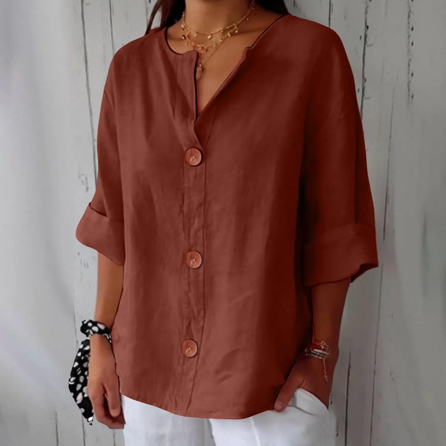 Cotton Linen Shirts for Women 3/4 Roll Up Sleeve Summer Casual Loose V Neck Button Down Blouses Gauze Tunic Tops