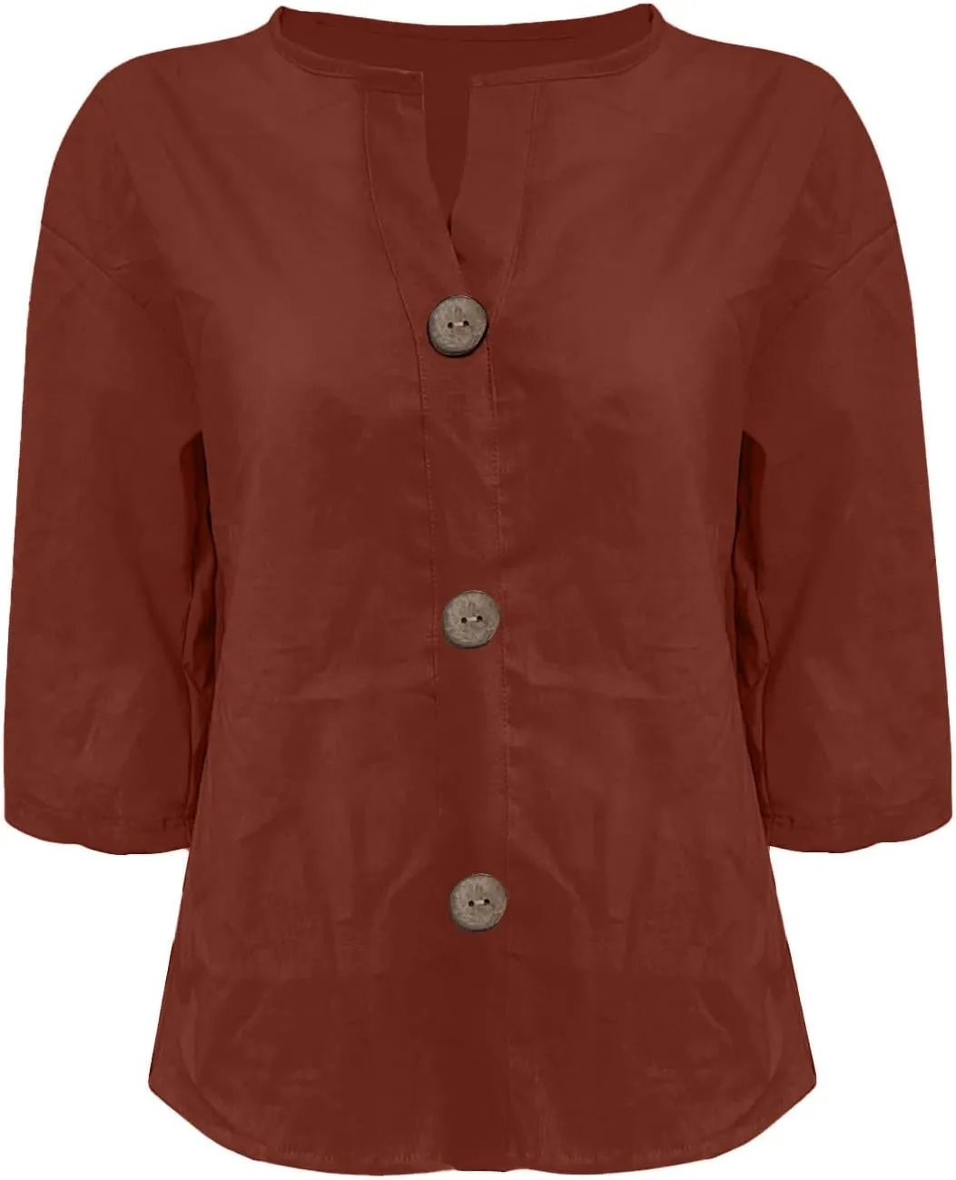 Cotton Linen Shirts for Women 3/4 Roll Up Sleeve Summer Casual Loose V Neck Button Down Blouses Gauze Tunic Tops
