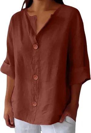 Cotton Linen Shirts for Women 3/4 Roll Up Sleeve Summer Casual Loose V Neck Button Down Blouses Gauze Tunic Tops