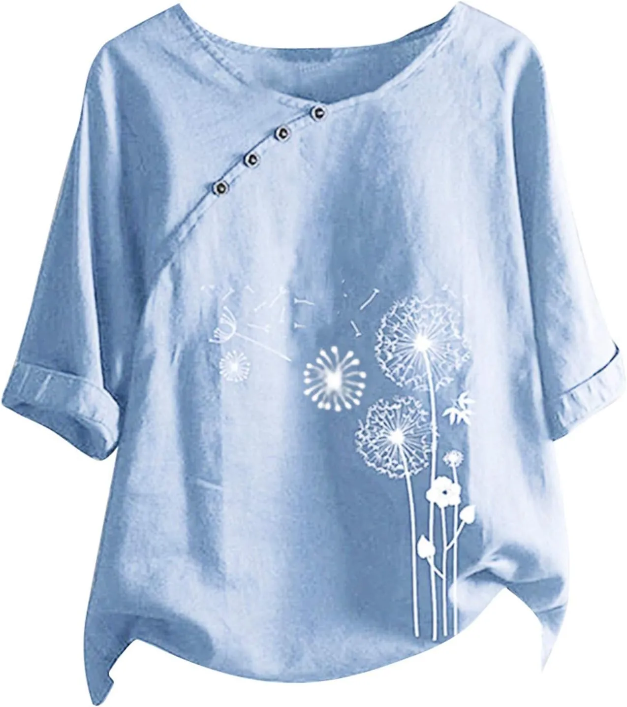Cotton Linen Tops for Women Casual Summer Button Dandelion Print Short Sleeve T-Shirt Loose Fit Round Neck Blouses