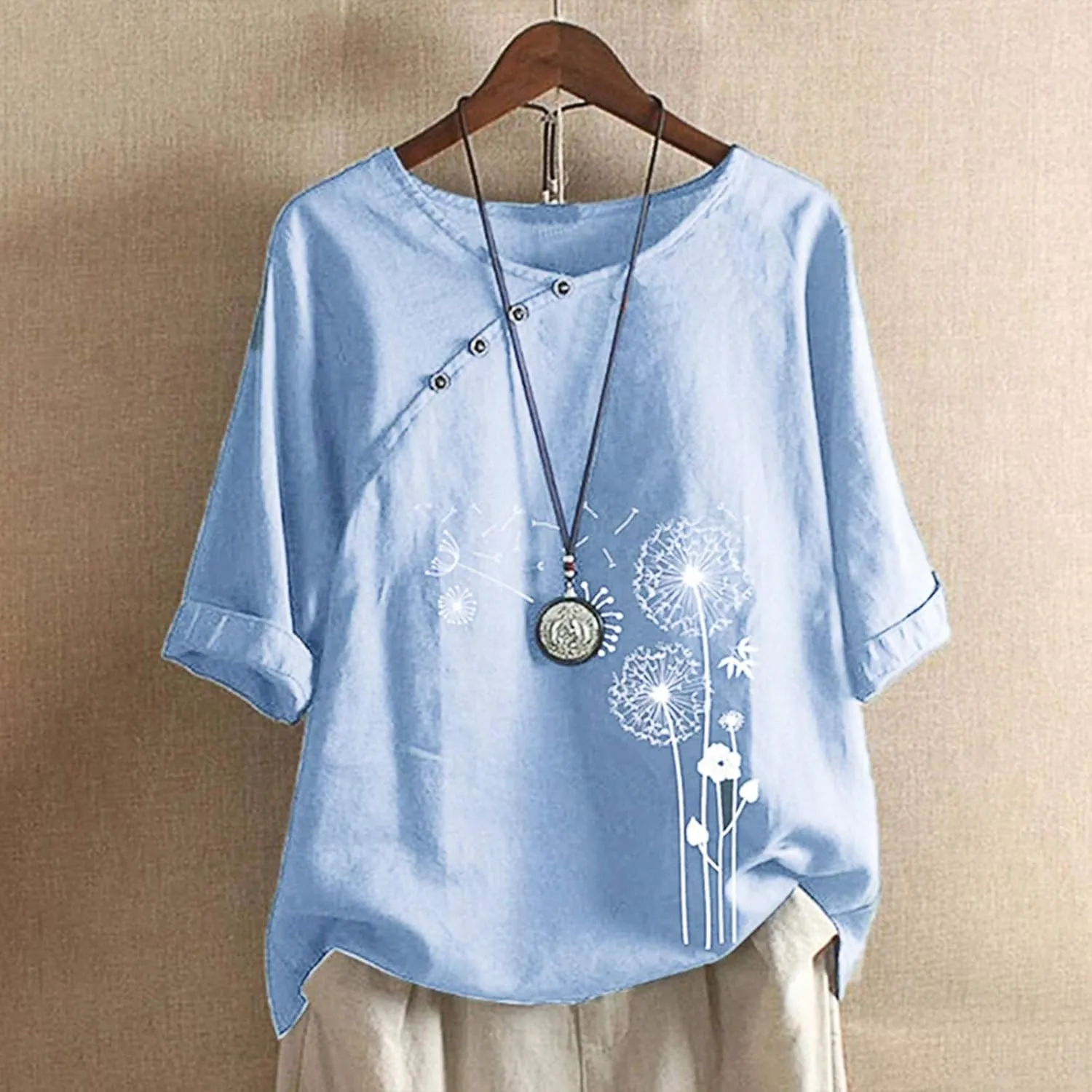 Cotton Linen Tops for Women Casual Summer Button Dandelion Print Short Sleeve T-Shirt Loose Fit Round Neck Blouses