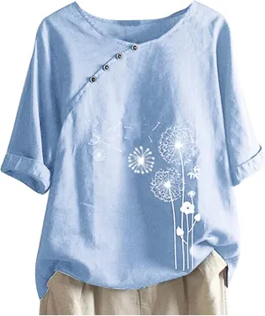 Cotton Linen Tops for Women Casual Summer Button Dandelion Print Short Sleeve T-Shirt Loose Fit Round Neck Blouses