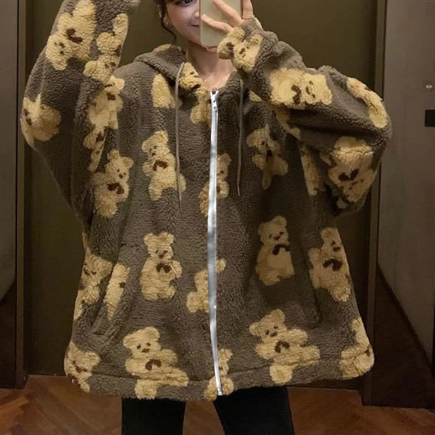 Cute Bear Graphic Plush Hoodies Fashion Women Teen Girls Fall Winter Coats Fuzzy Jackets Zip Up Hooded Outwear