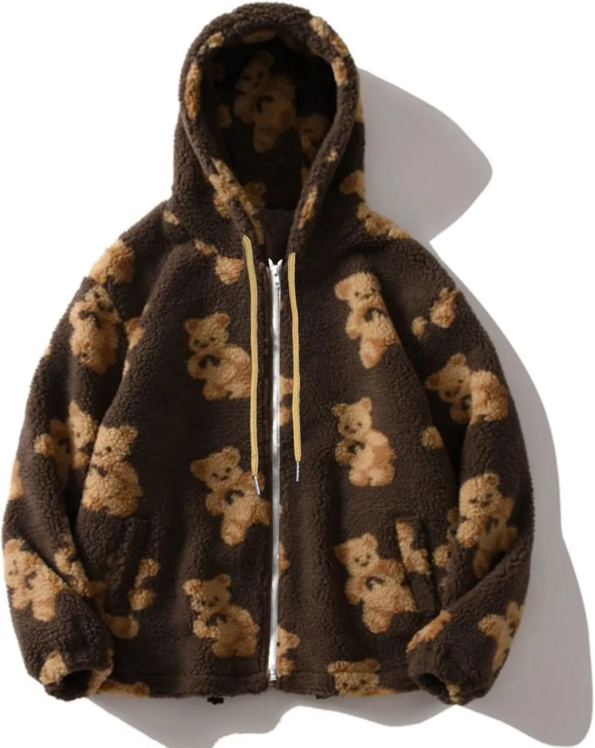Cute Bear Graphic Plush Hoodies Fashion Women Teen Girls Fall Winter Coats Fuzzy Jackets Zip Up Hooded Outwear