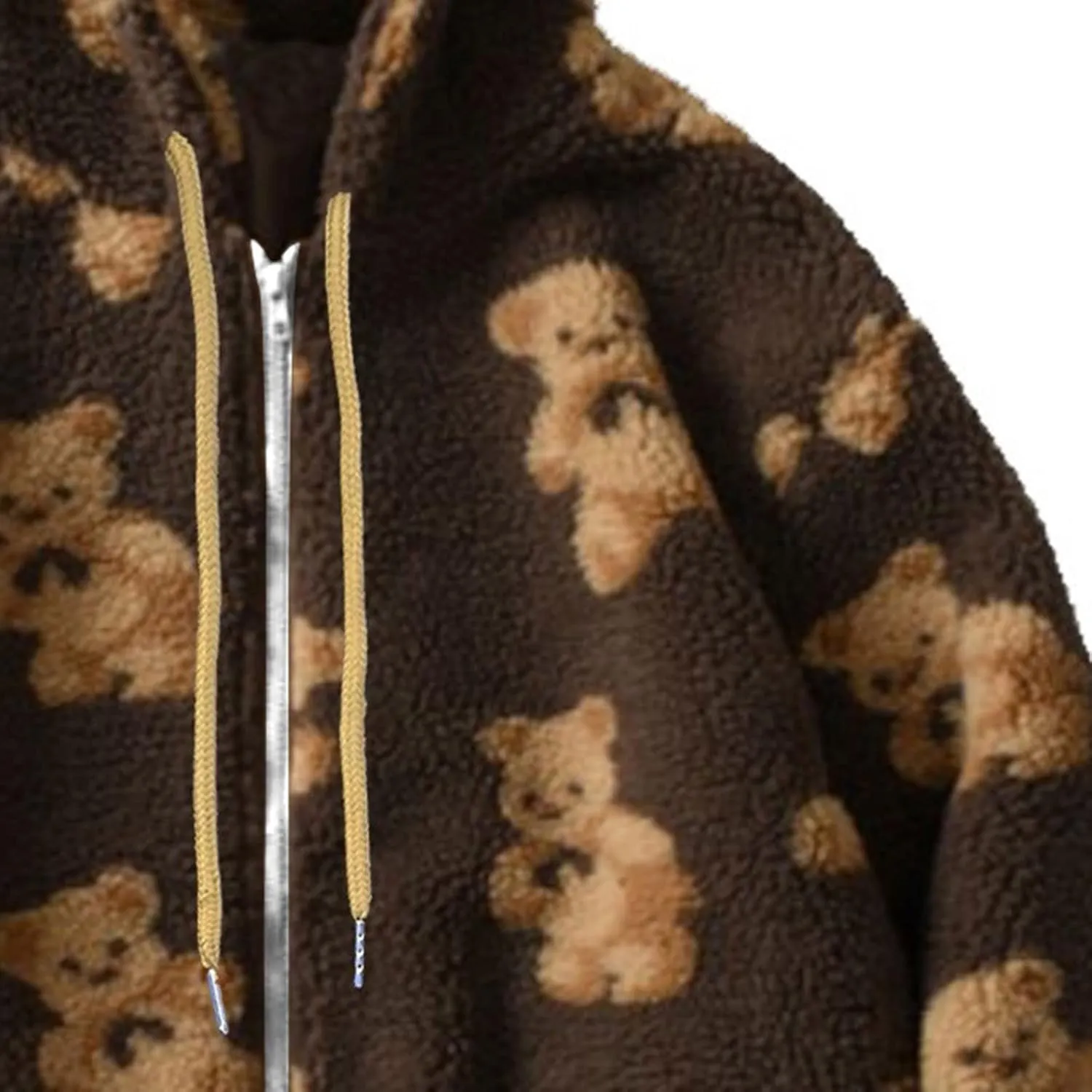 Cute Bear Graphic Plush Hoodies Fashion Women Teen Girls Fall Winter Coats Fuzzy Jackets Zip Up Hooded Outwear