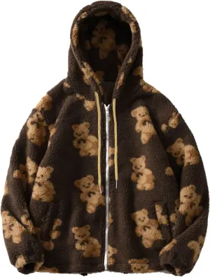 Cute Bear Graphic Plush Hoodies Fashion Women Teen Girls Fall Winter Coats Fuzzy Jackets Zip Up Hooded Outwear