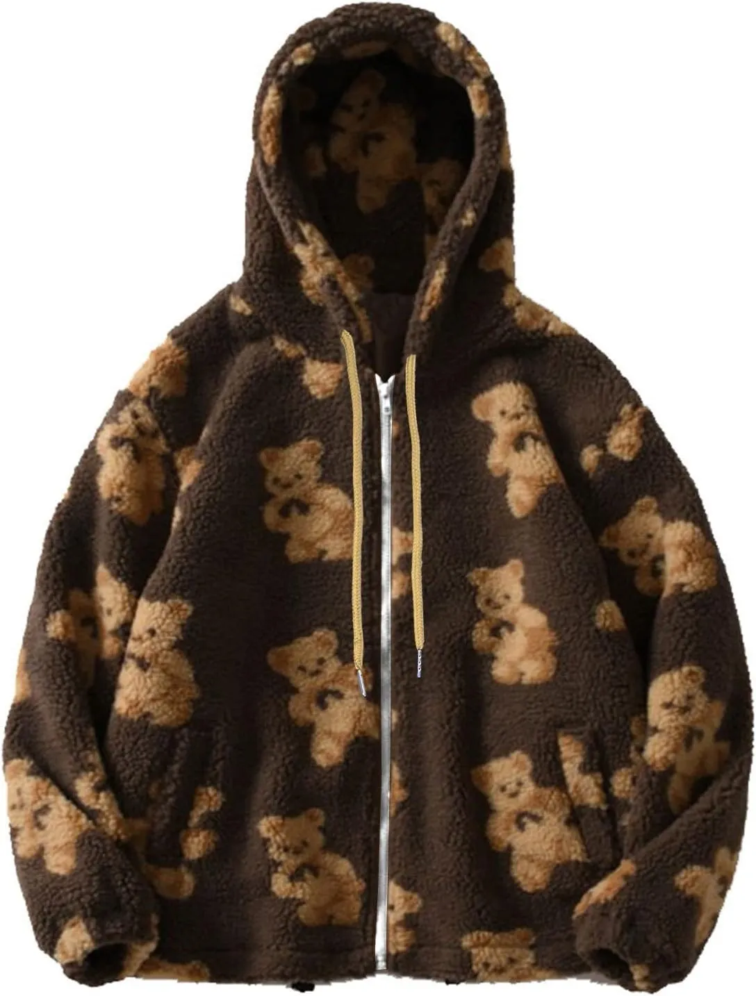 Cute Bear Graphic Plush Hoodies Fashion Women Teen Girls Fall Winter Coats Fuzzy Jackets Zip Up Hooded Outwear