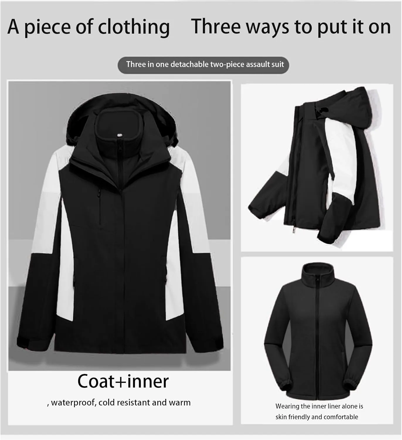Dademeo 3 in 1 Thickened Rain Jacket Warm Jacket Detachable Waterproof Jacket Outdoor Windbreaker Raincoat for Hiking Travel
