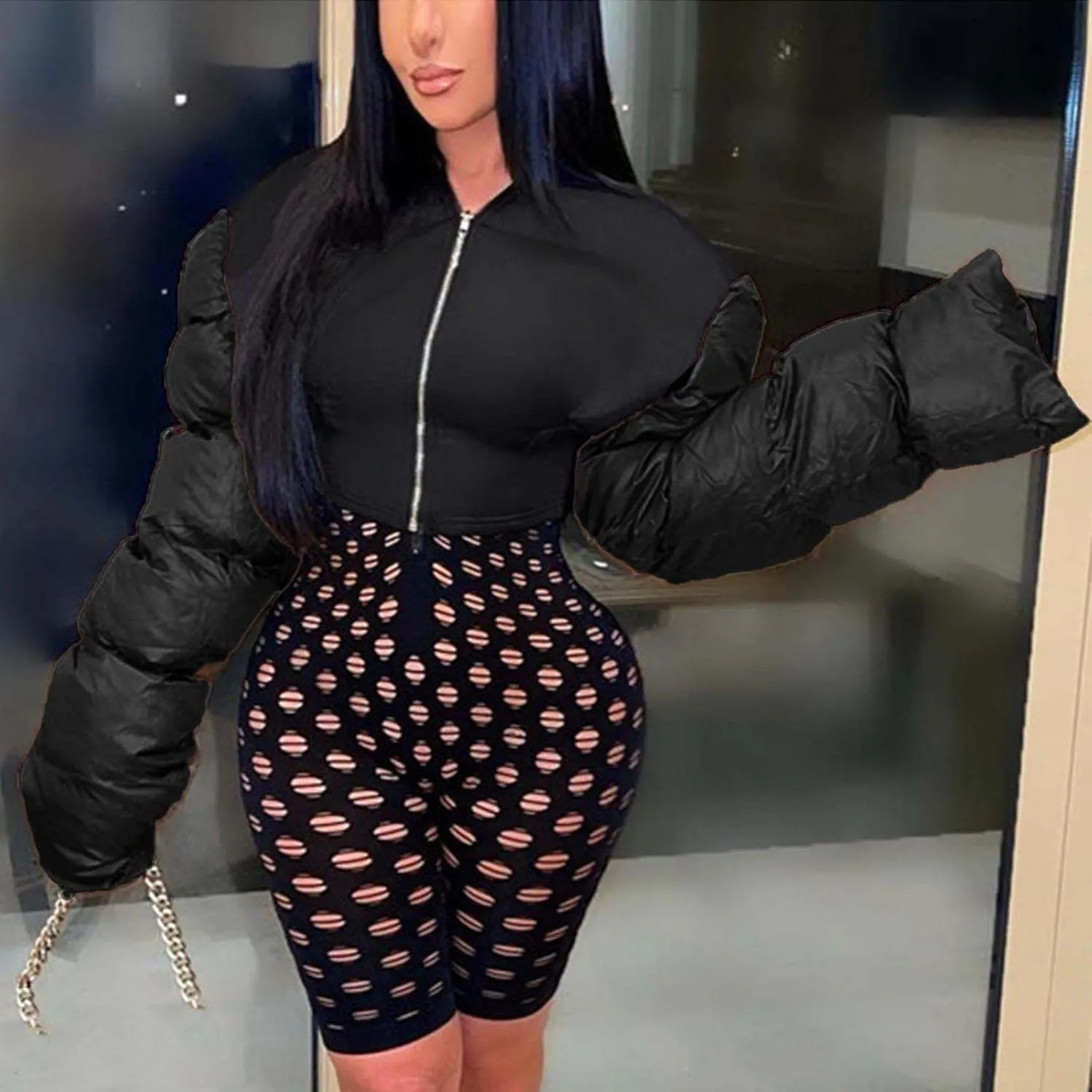 DASAYO Women's Puffy Long Sleeve Zip Cropped Puffer Jacket Color Block Quilted Puffy Down Coat Slouchy Winter Outwear Trendy