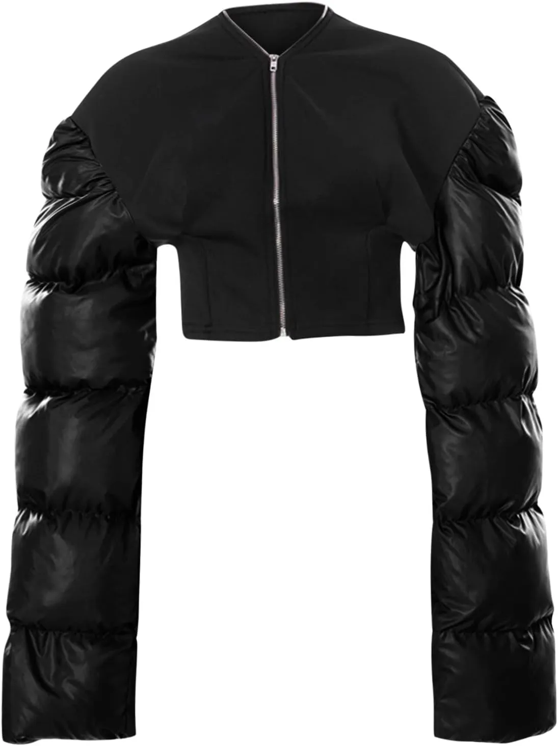 DASAYO Women's Puffy Long Sleeve Zip Cropped Puffer Jacket Color Block Quilted Puffy Down Coat Slouchy Winter Outwear Trendy