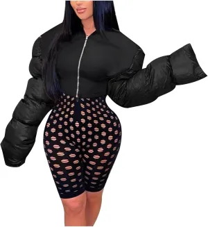 DASAYO Women's Puffy Long Sleeve Zip Cropped Puffer Jacket Color Block Quilted Puffy Down Coat Slouchy Winter Outwear Trendy