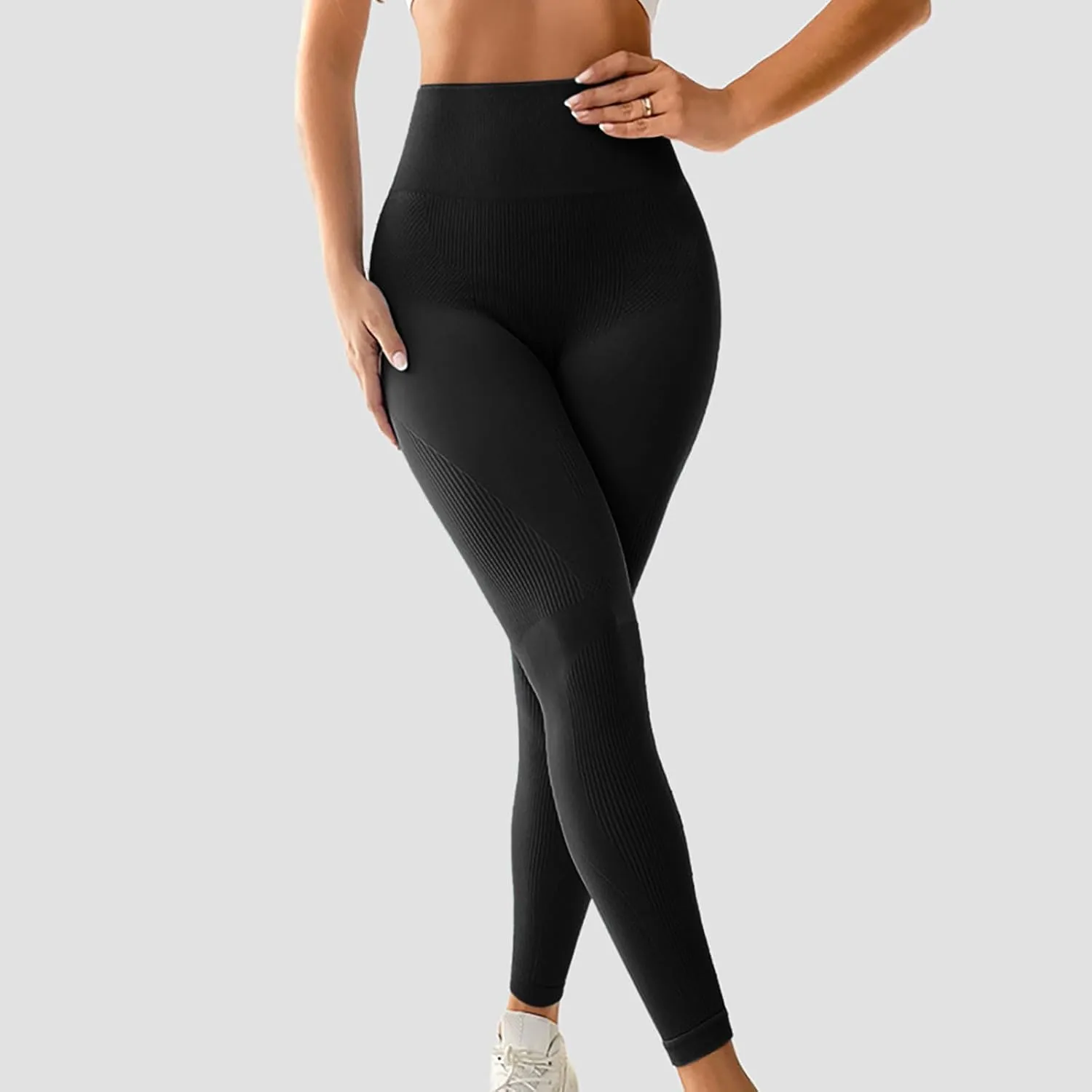 DASAYO Womens Yoga Pants Tummy Control High Waist Seamless Leggings Ribbed Activewear Stretchy Gym Workout Track Pants