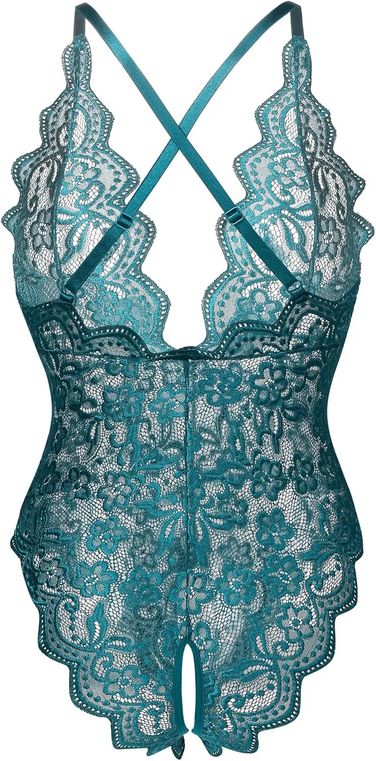 Donnalla Women's One Piece Teddy Plunging Lace Bodysuit Elegant Honeymoon Lingerie