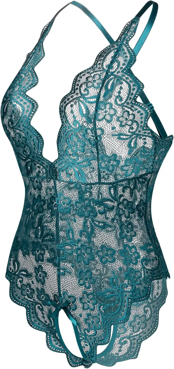 Donnalla Women's One Piece Teddy Plunging Lace Bodysuit Elegant Honeymoon Lingerie