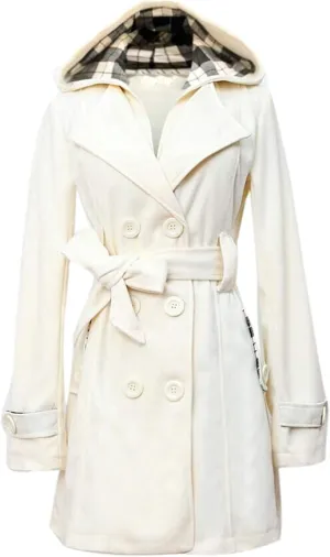 Double Breasted Trench Coat Women Plus Size Winter Peacoat with Plaid Hood Thick Warm Belted Mid Length Outwear with Pockets