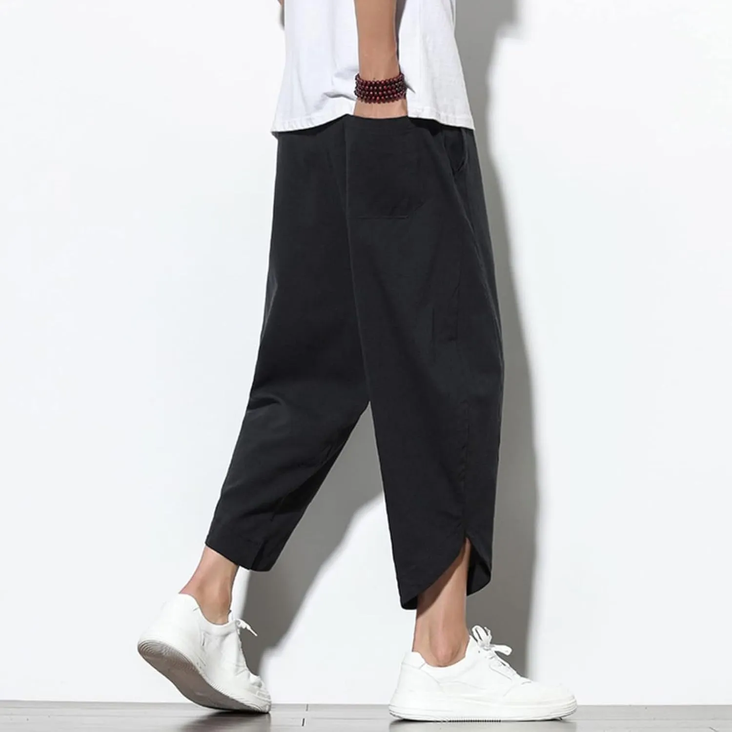 Dudubaby Men Casual Pants Mens Baggy Pants Drawstring Cotton Linen Wide Leg Yoga Pants Solid Color Baggy Pants