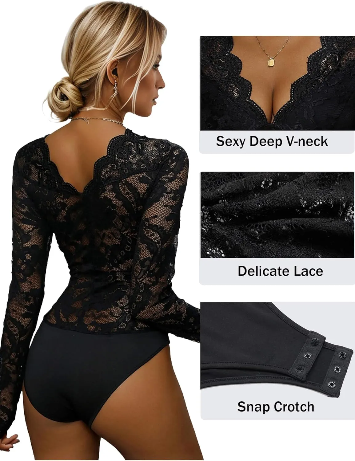Everbellus Sexy Lace Body Suits for Women Long Sleeve Deep V Lingerie Top Date Night Clubwear