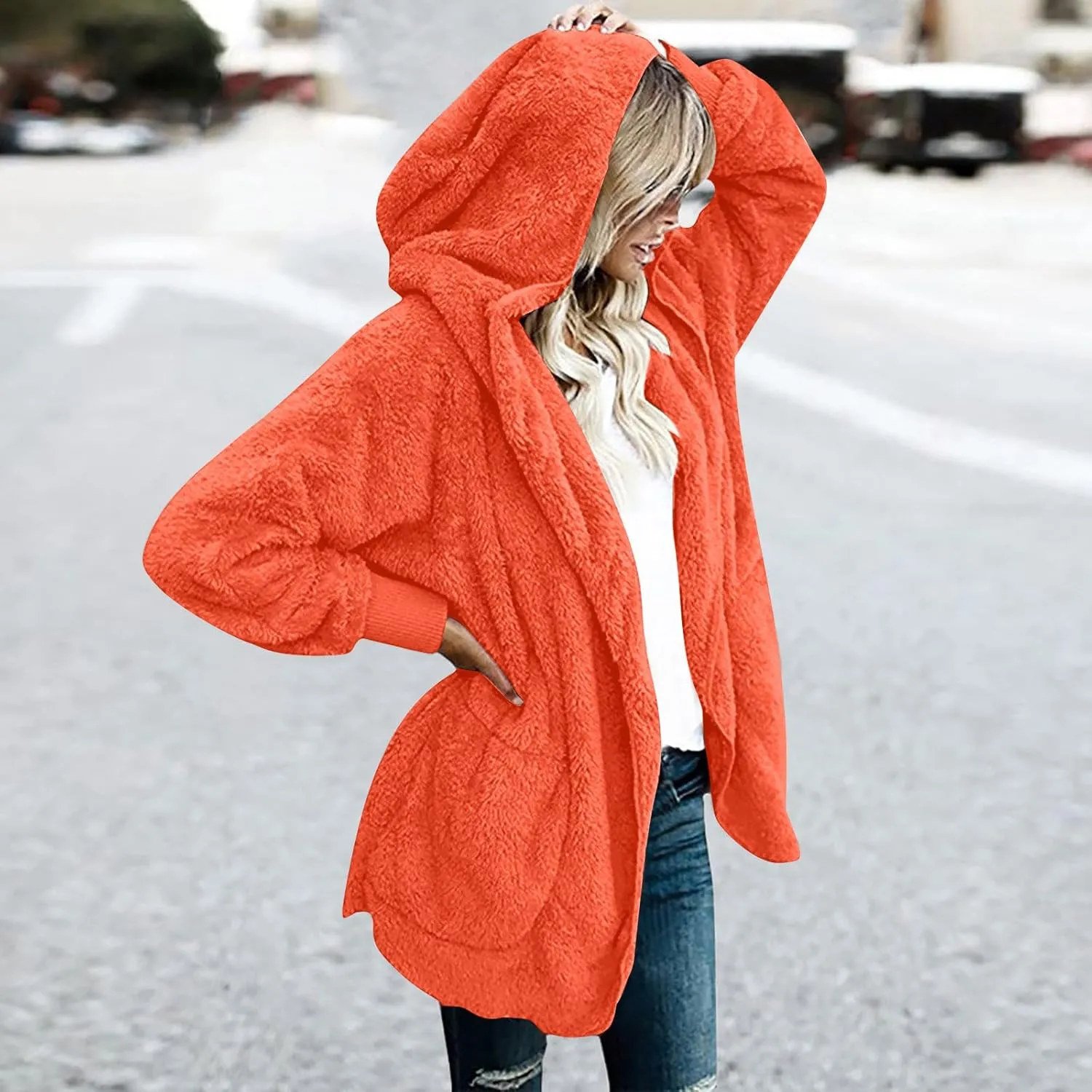 Fall Winter Cardigan Coats for Women Fuzzy Open Front Hooded Jackets Flannel Lightweight Fluffy Outerwear