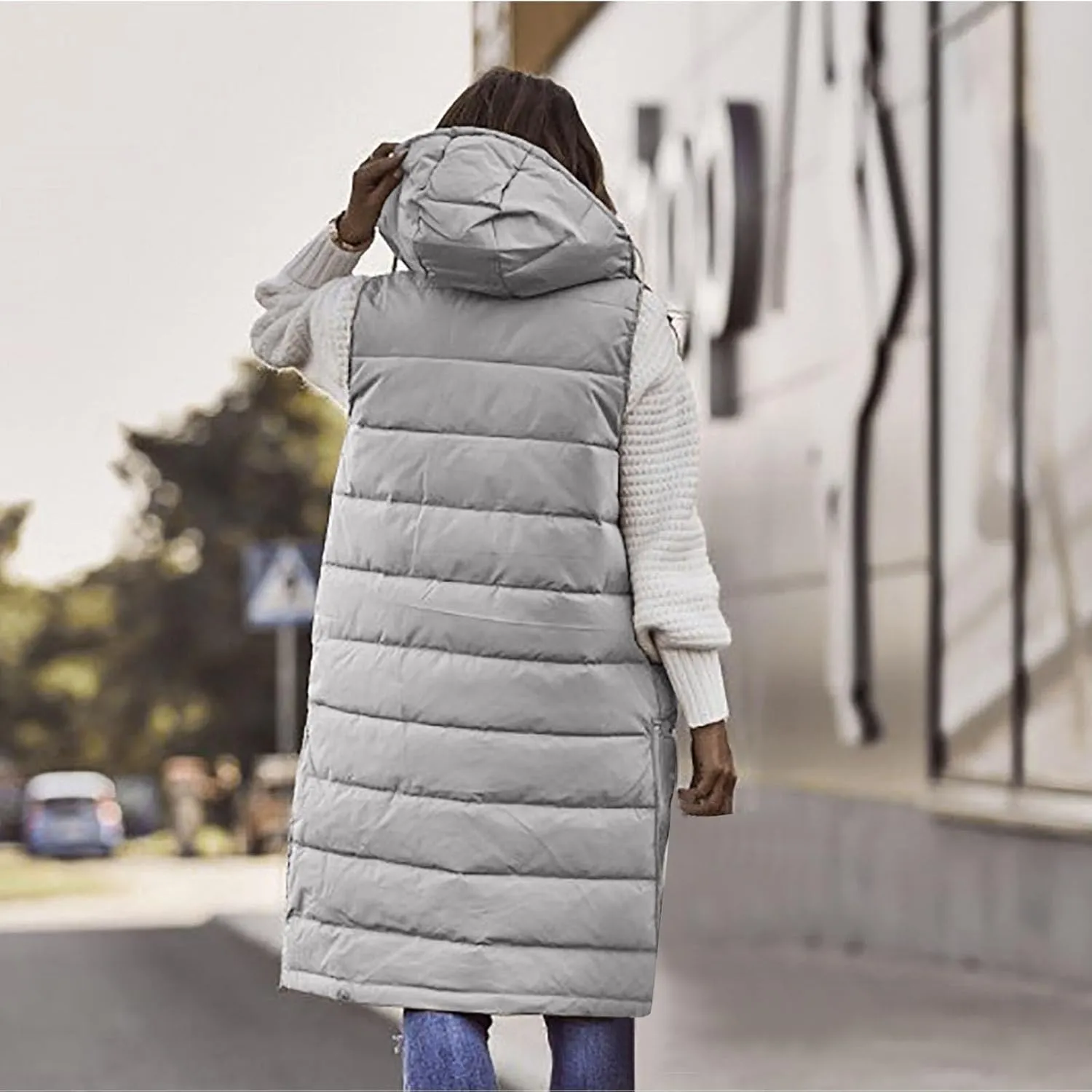 Fashion Sleeveless Puffer Jackets Solid Fall Winter Coats for Women Loose Outerwear Coat Tops Long Hooded Down Jacket