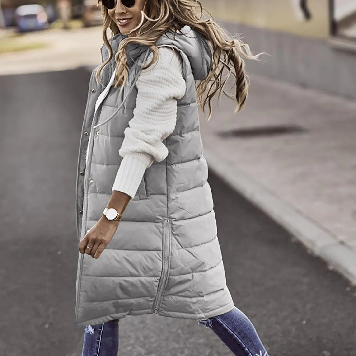 Fashion Sleeveless Puffer Jackets Solid Fall Winter Coats for Women Loose Outerwear Coat Tops Long Hooded Down Jacket