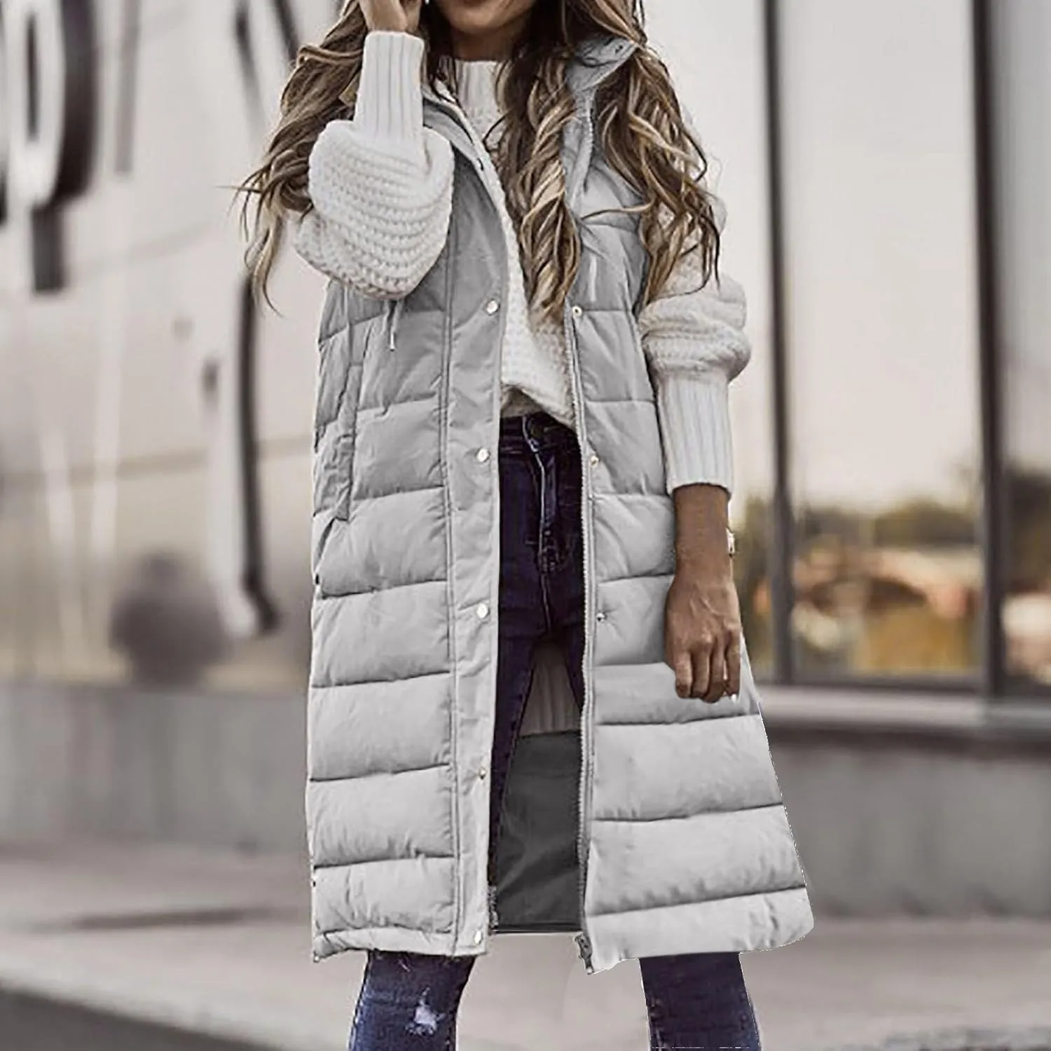 Fashion Sleeveless Puffer Jackets Solid Fall Winter Coats for Women Loose Outerwear Coat Tops Long Hooded Down Jacket