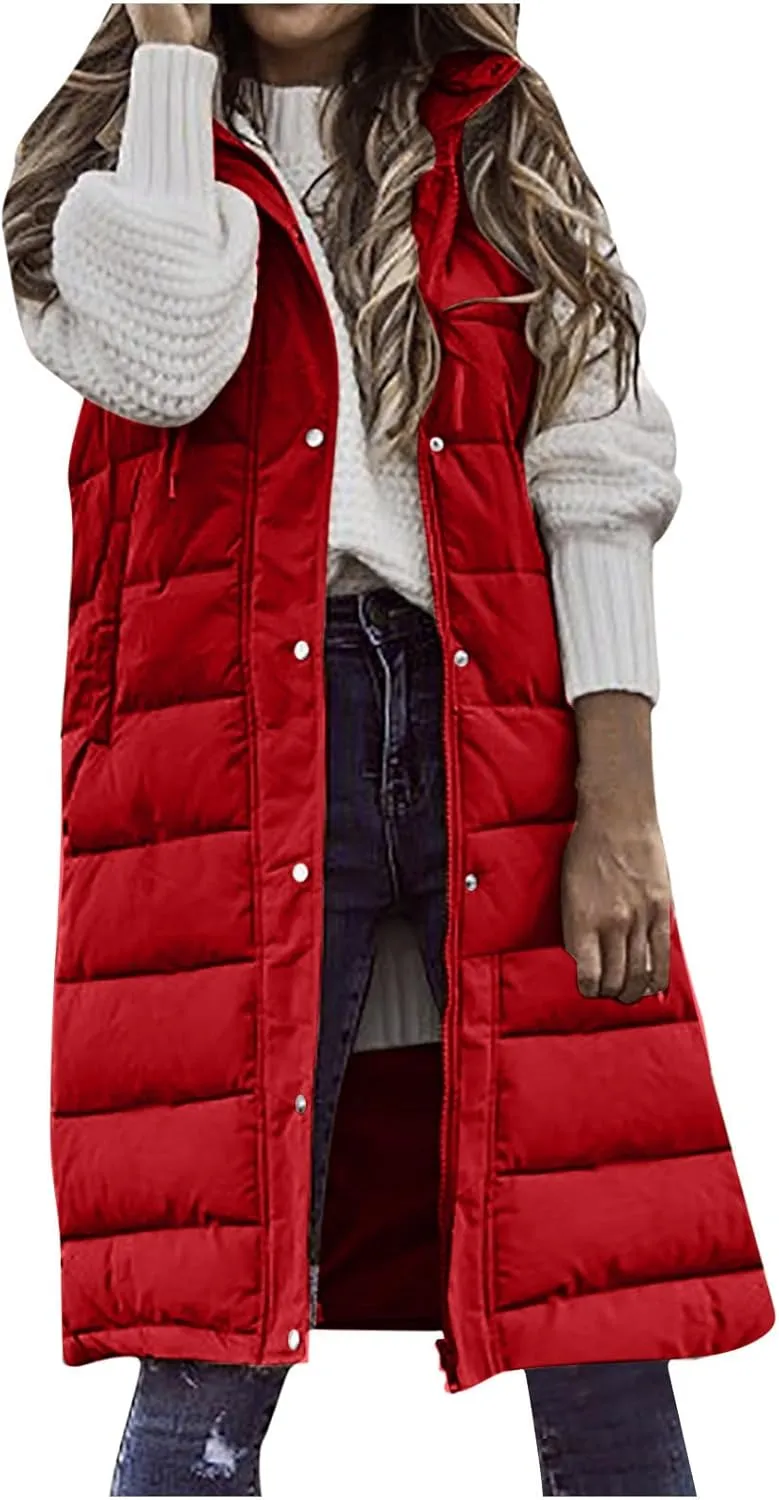 Fashion Sleeveless Puffer Jackets Solid Fall Winter Coats for Women Loose Outerwear Coat Tops Long Hooded Down Jacket