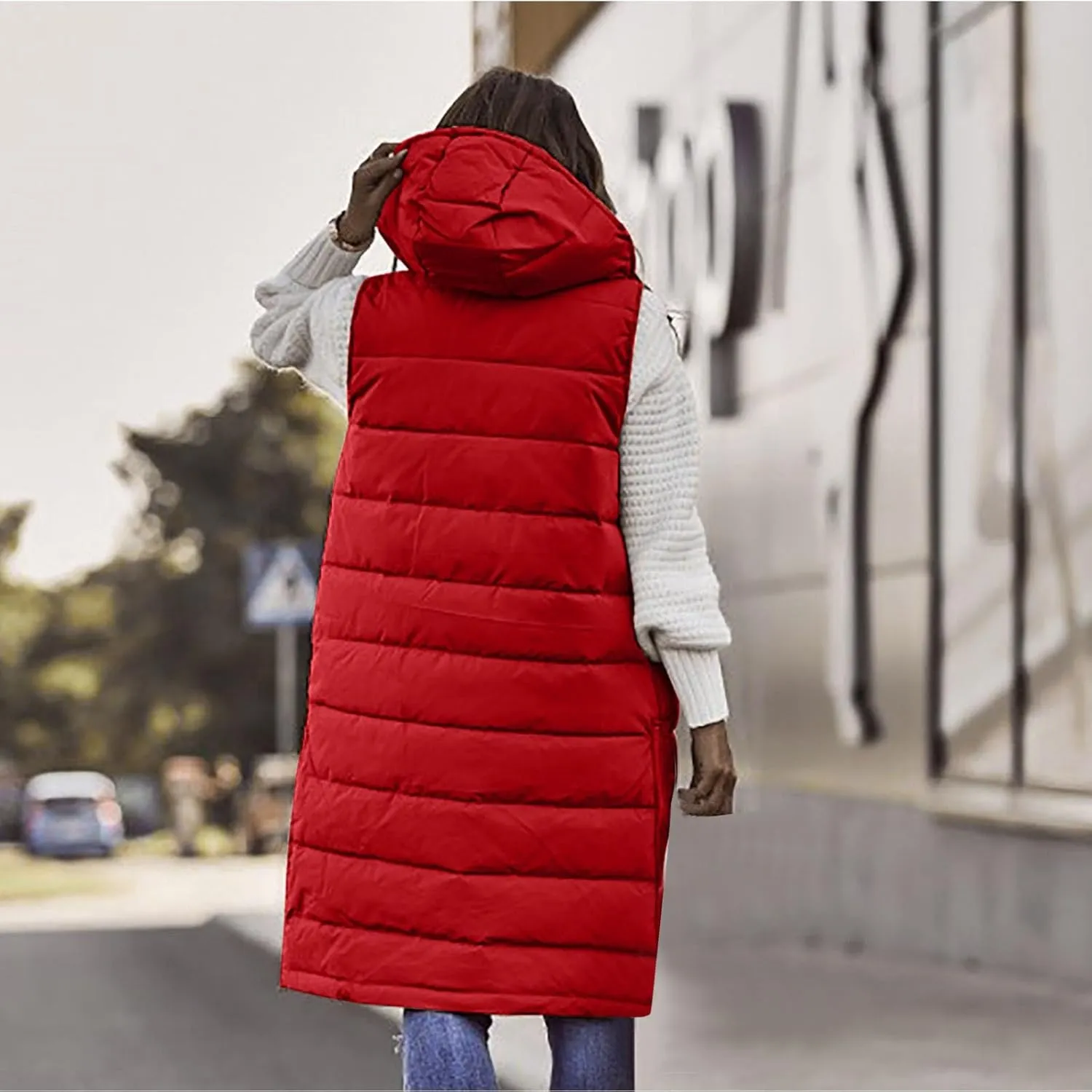 Fashion Sleeveless Puffer Jackets Solid Fall Winter Coats for Women Loose Outerwear Coat Tops Long Hooded Down Jacket