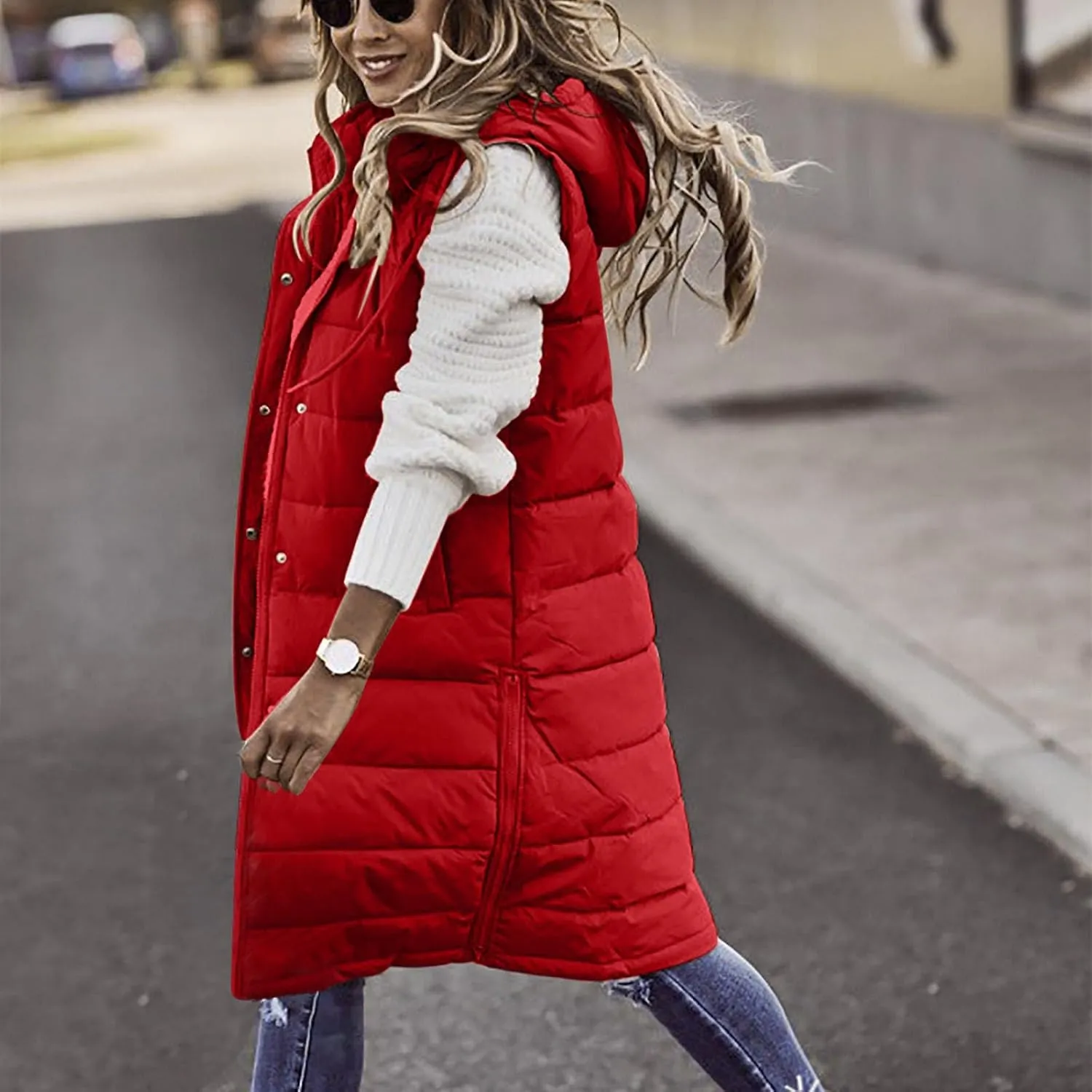 Fashion Sleeveless Puffer Jackets Solid Fall Winter Coats for Women Loose Outerwear Coat Tops Long Hooded Down Jacket