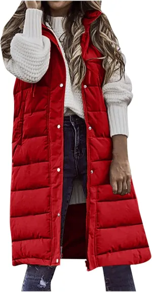 Fashion Sleeveless Puffer Jackets Solid Fall Winter Coats for Women Loose Outerwear Coat Tops Long Hooded Down Jacket