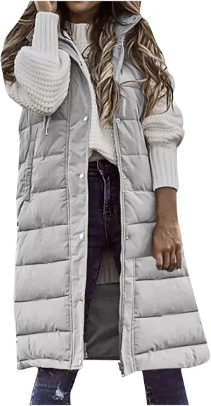 Fashion Sleeveless Puffer Jackets Solid Fall Winter Coats for Women Loose Outerwear Coat Tops Long Hooded Down Jacket