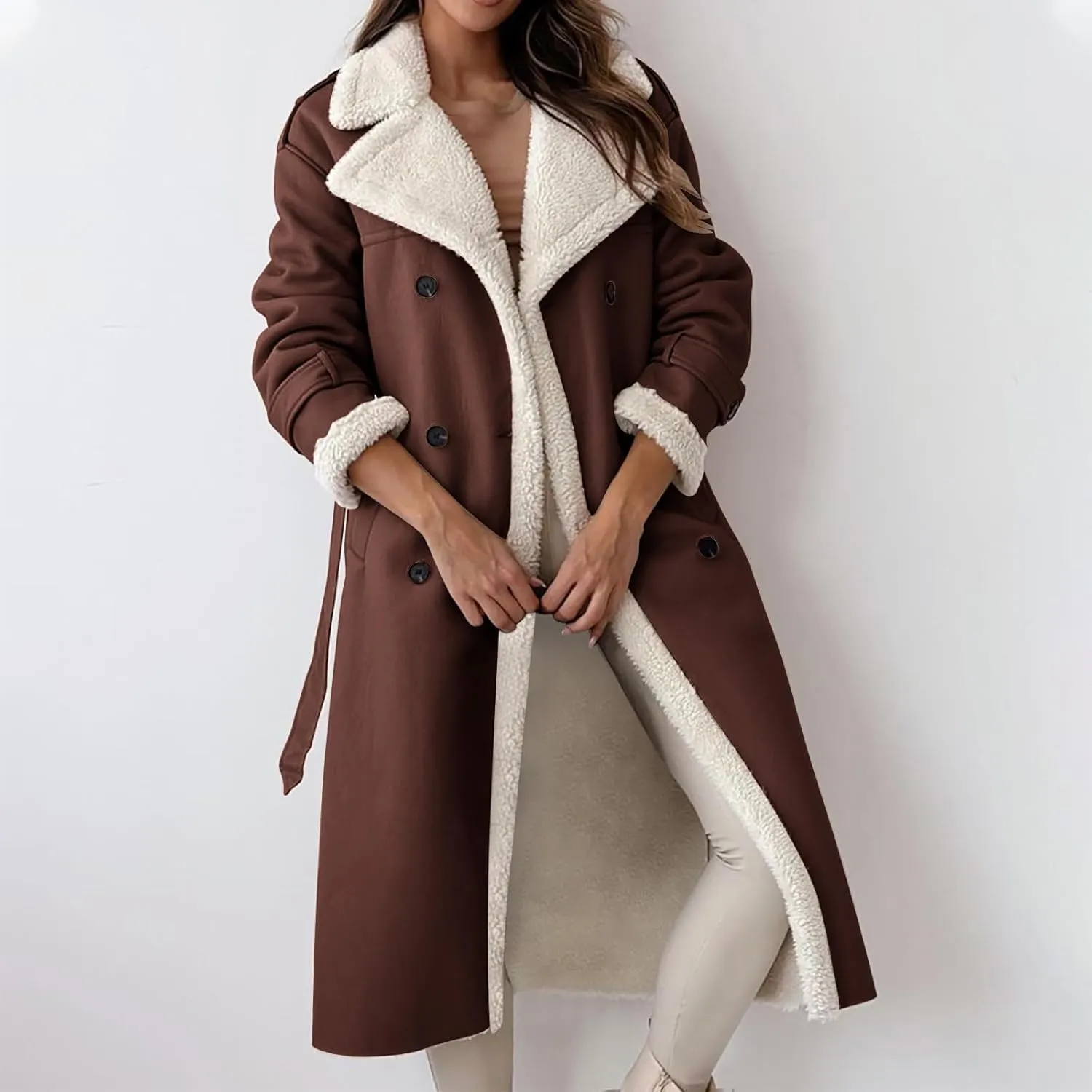 Faux Leather Jacket Women Sherpa Lined Winter Coats Belted Fleece Jackets Warm Furry Outerwear Suede Overcoat