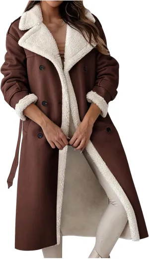 Faux Leather Jacket Women Sherpa Lined Winter Coats Belted Fleece Jackets Warm Furry Outerwear Suede Overcoat