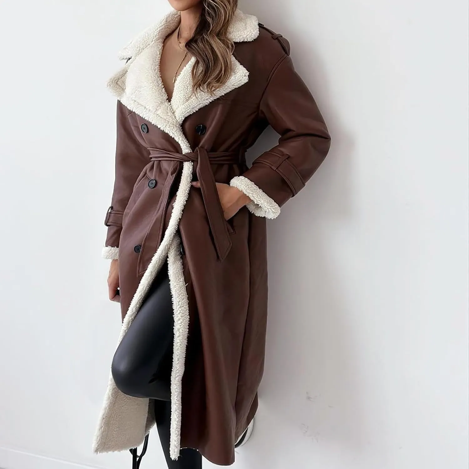 Faux Leather Jacket Women Sherpa Lined Winter Coats Belted Fleece Jackets Warm Furry Outerwear Suede Overcoat