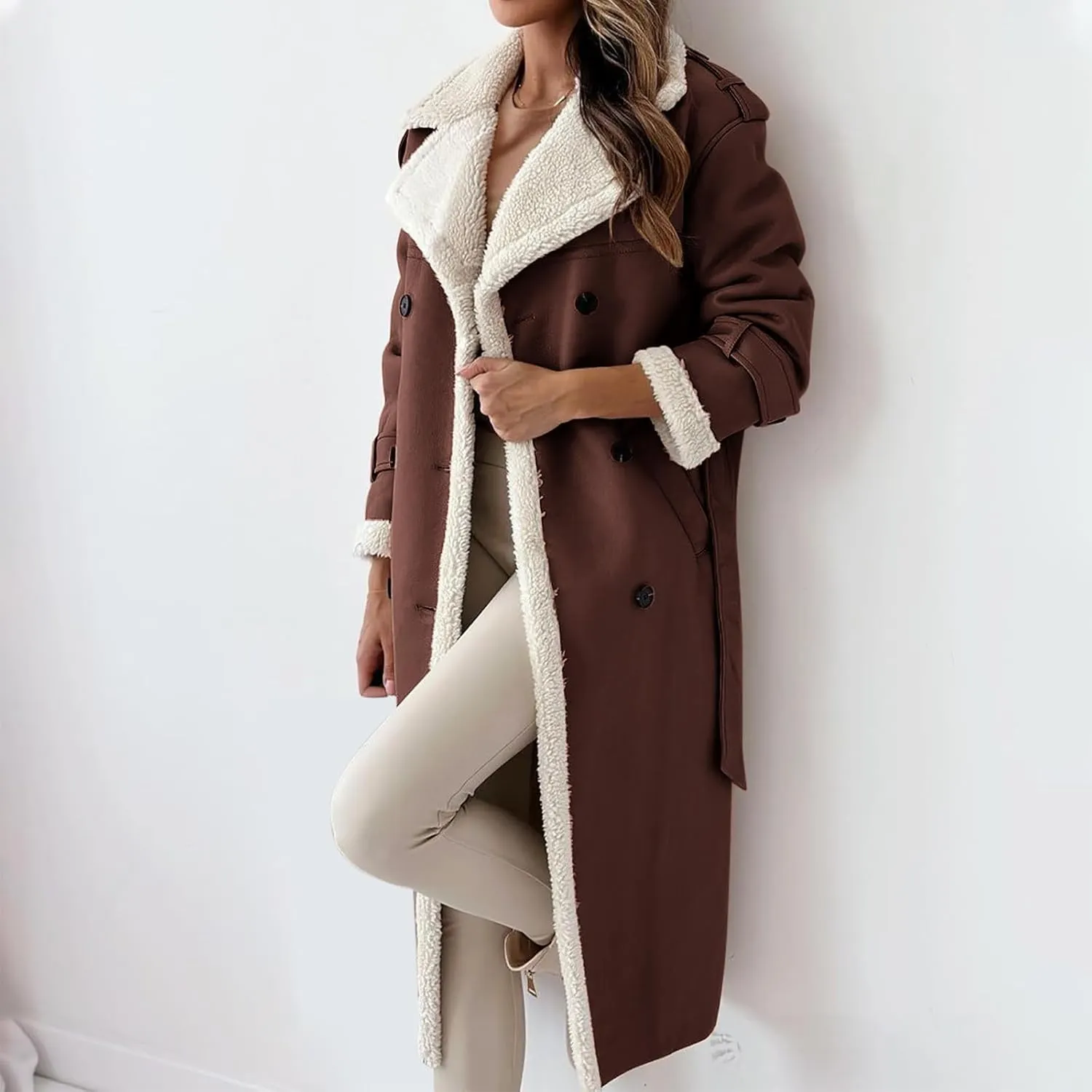 Faux Leather Jacket Women Sherpa Lined Winter Coats Belted Fleece Jackets Warm Furry Outerwear Suede Overcoat