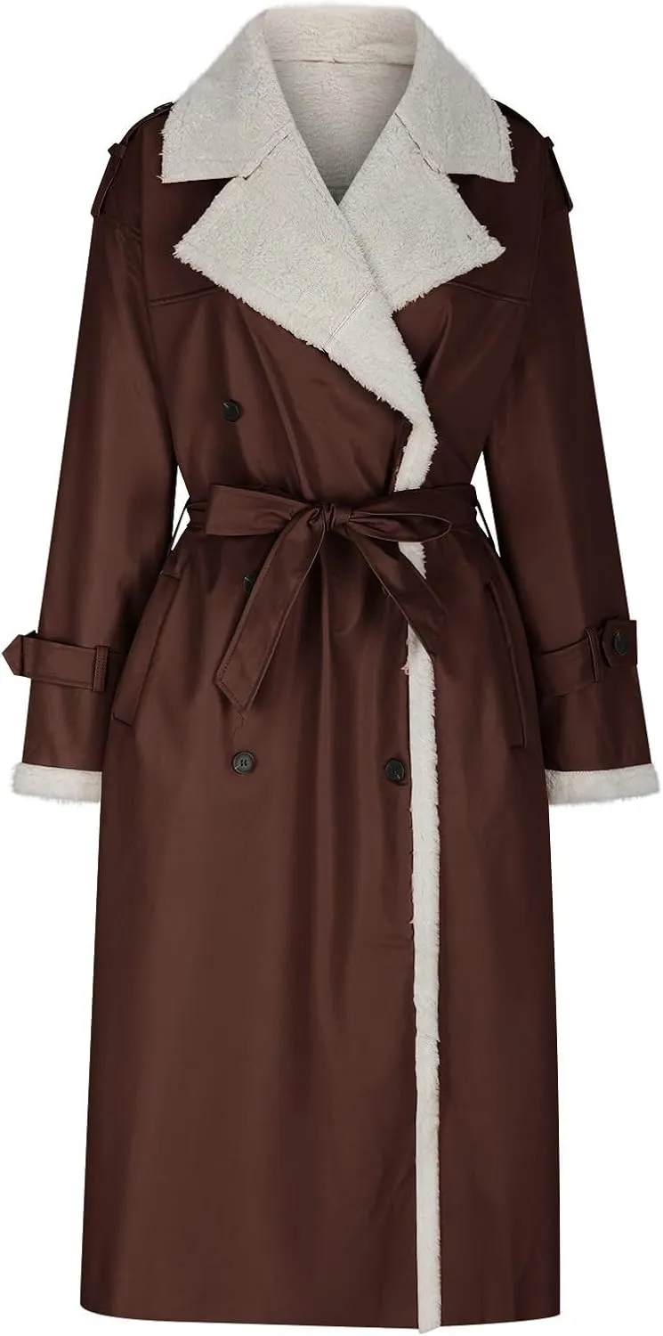 Faux Leather Jacket Women Sherpa Lined Winter Coats Belted Fleece Jackets Warm Furry Outerwear Suede Overcoat