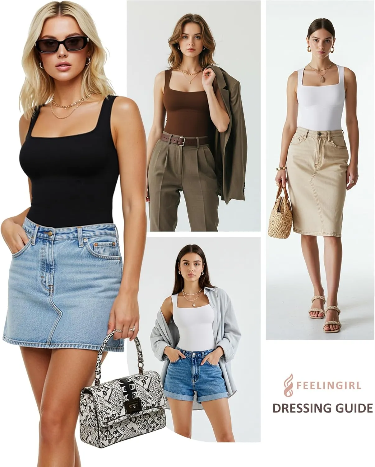 FeelinGirl Shapewear Bodysuits for Women Tummy Control Suqare Neck Thong Body Suit Sleeveless Going Out Tank Tops