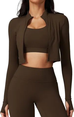 FEOYA Women's High Waist Yoga Sports Jacket Long Sleeves Full Zip Athletic Workout Running Jacket Slim Fit Crop Top S-XL