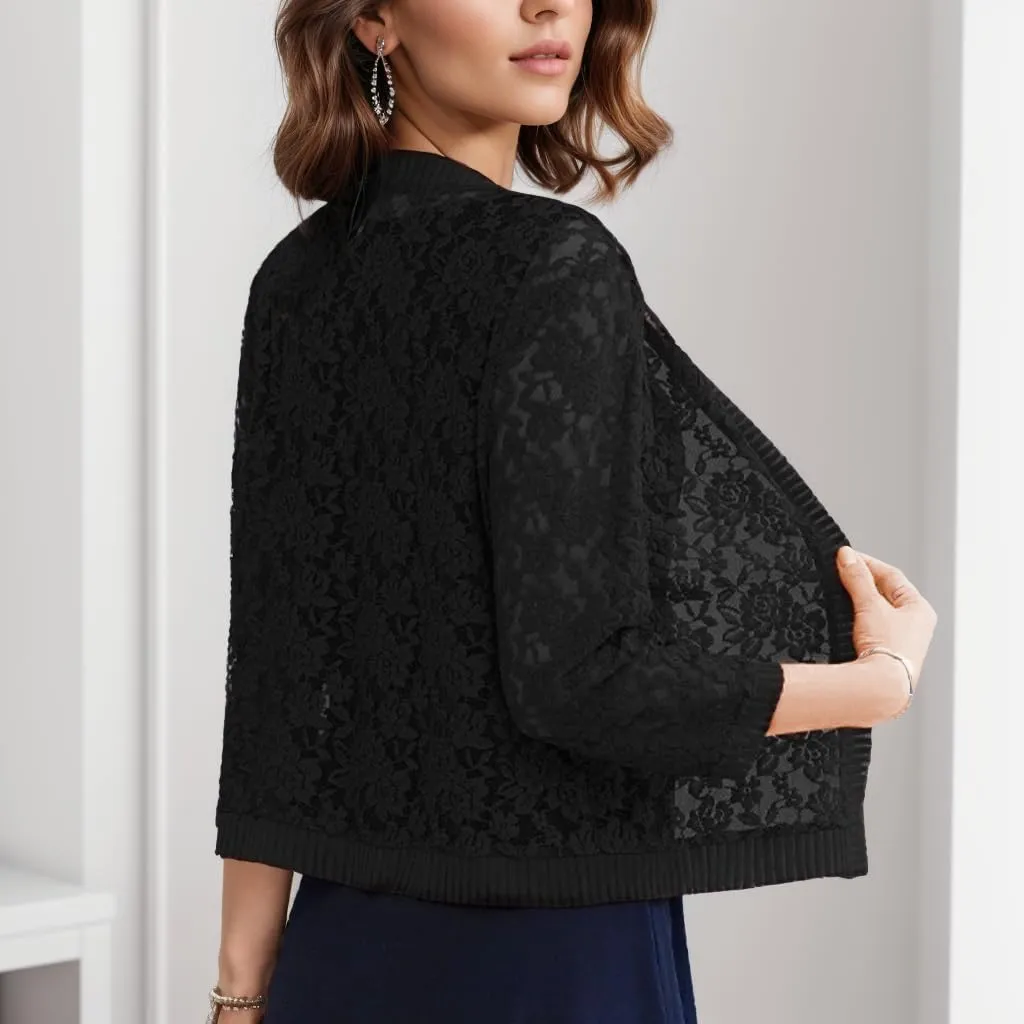 FindThy Women’s Open Front Lace Cardigan Long Sleeve Floral Crochet Summer Shrug Cover Ups