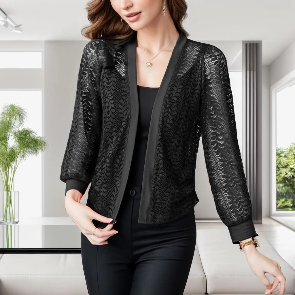 FindThy Women’s Open Front Lace Cardigan Long Sleeve Floral Crochet Summer Shrug Cover Ups