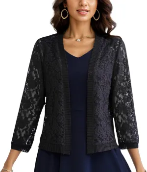 FindThy Women’s Open Front Lace Cardigan Long Sleeve Floral Crochet Summer Shrug Cover Ups