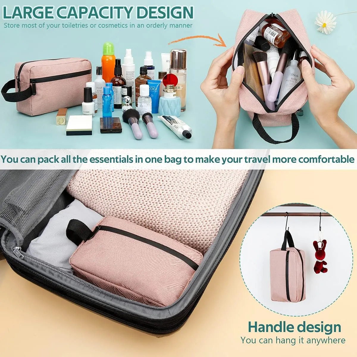 FUNSEED Travel Toiletry Bag for Women and Men, Water-resistant Shaving Bag for Toiletries Accessories, Foldable Storage Bags with Divider and Handle for Cosmetics Toiletries Brushes Tools