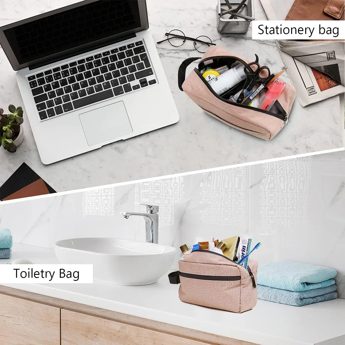 FUNSEED Travel Toiletry Bag for Women and Men, Water-resistant Shaving Bag for Toiletries Accessories, Foldable Storage Bags with Divider and Handle for Cosmetics Toiletries Brushes Tools