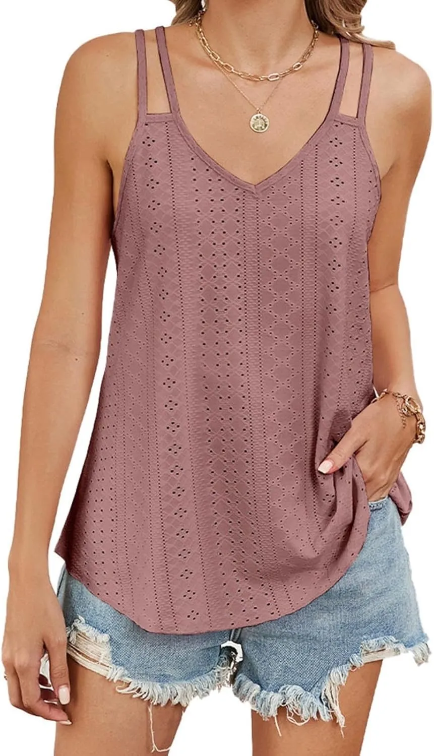 Generic 2024 Flowy Tank Tops for Women Sexy V Neck Sleeveless Spaghetti Strap Camisole Casual Summer Embroidery Eyelet Shirts