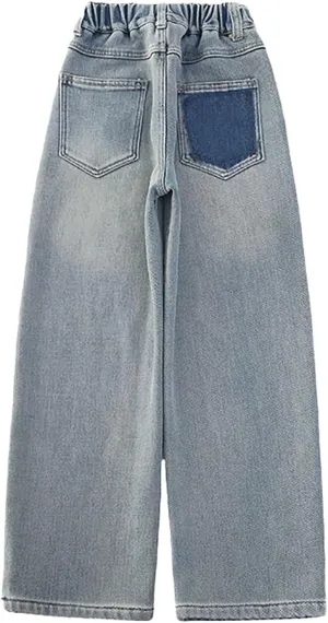 Girls Baggy Jeans Wide Leg High Elastic Waist Distressed Denim Pants Kids Casual Trouser with Pockets Streetwear Outfit